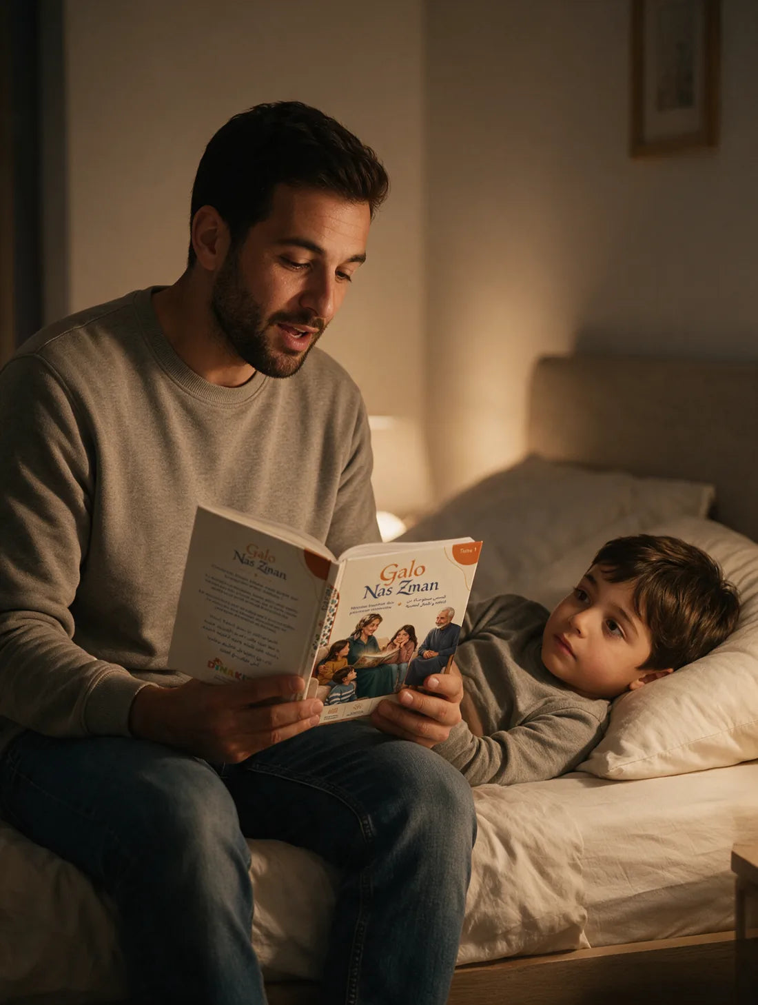 Un père lit Galo Nas Zman à son enfant