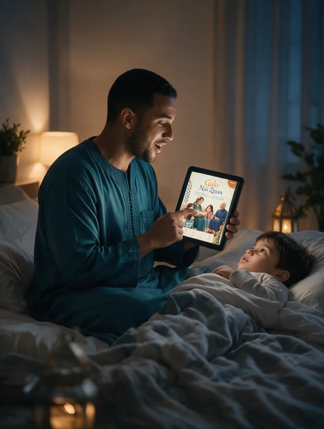 Un père partage une histoire avec son enfant