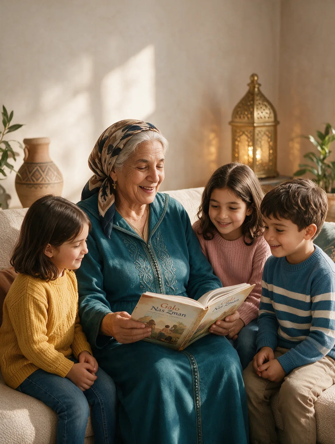 Une grand-mère lit avec les enfants